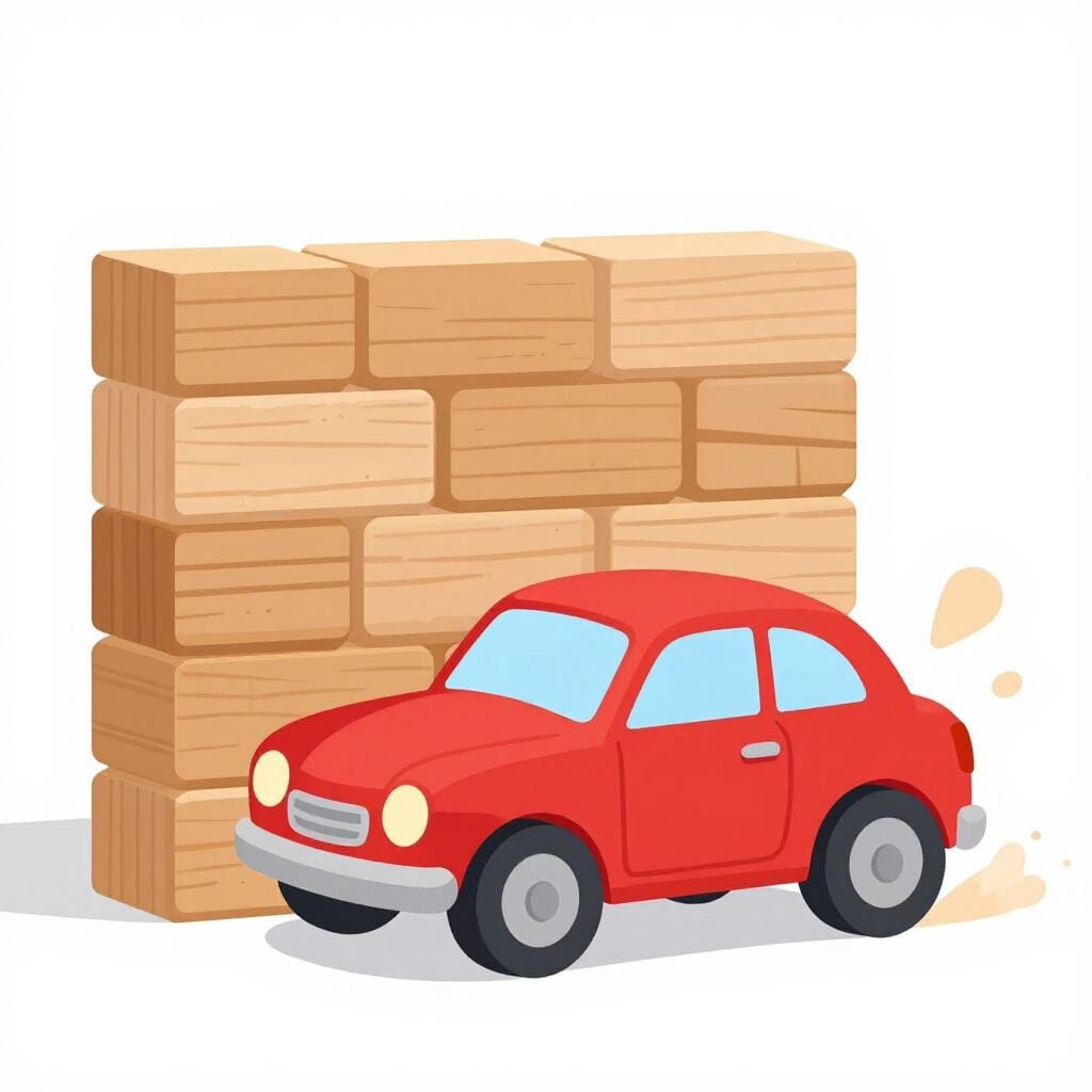 A toy car suddenly stopping in front of a small red wall with dust clouds kicking up around the wheels.