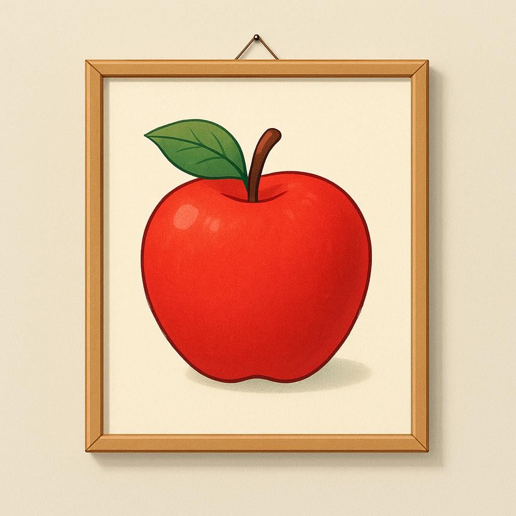 A high quality simple colorful storybook illustration of a framed picture hanging on a wall, depicting a bright red apple with a small green leaf.