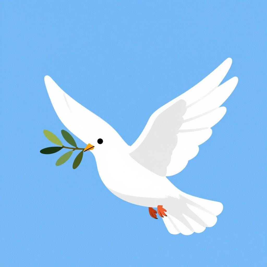 A white dove with a green olive branch in its beak.