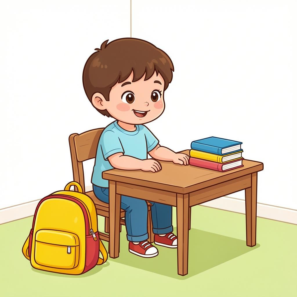 A young child sitting at a wooden desk with a backpack and a stack of books, looking happy.