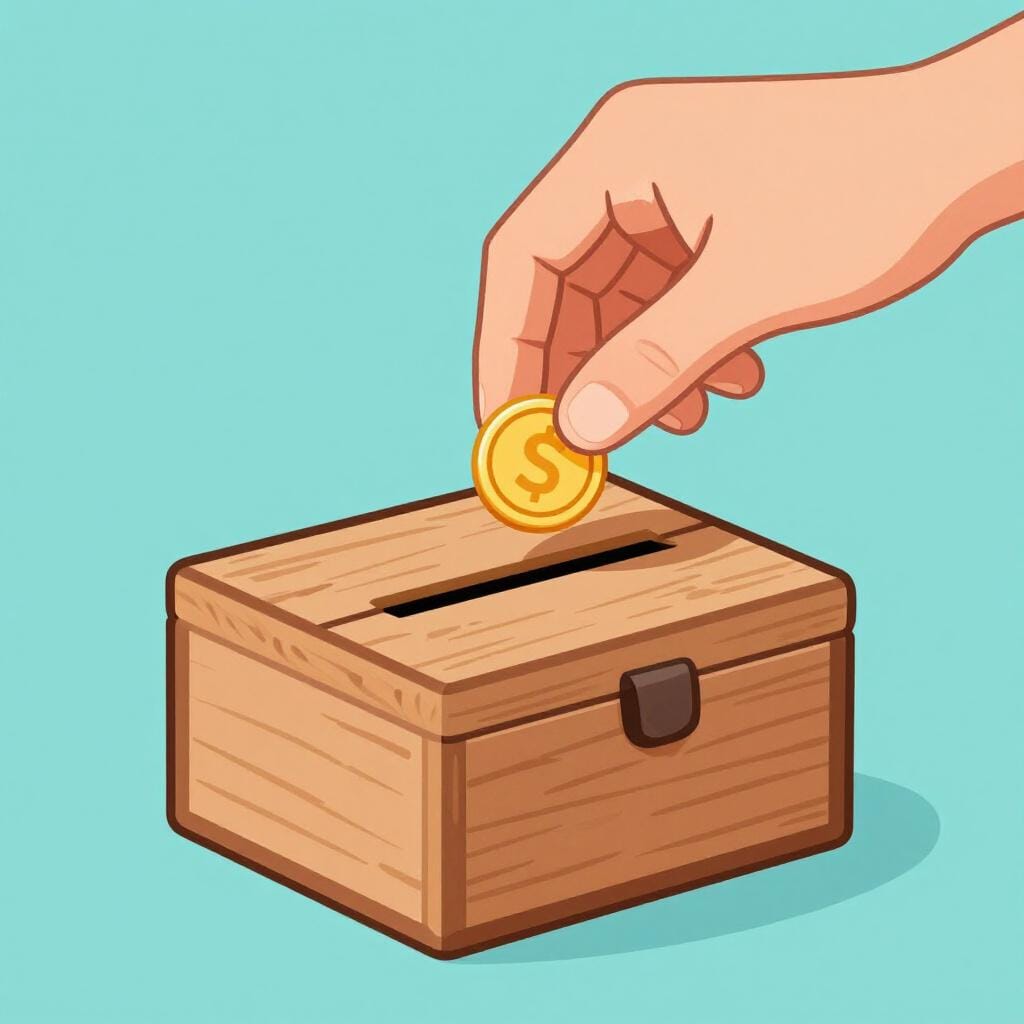 頑丈でシンプルな木箱の投入口に、輝く金貨を一枚入れている人の手。