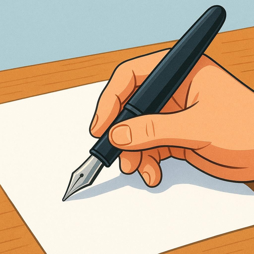 A person's hand holding a black fountain pen, poised just above a blank white piece of paper on a wooden desk, ready to make a mark.