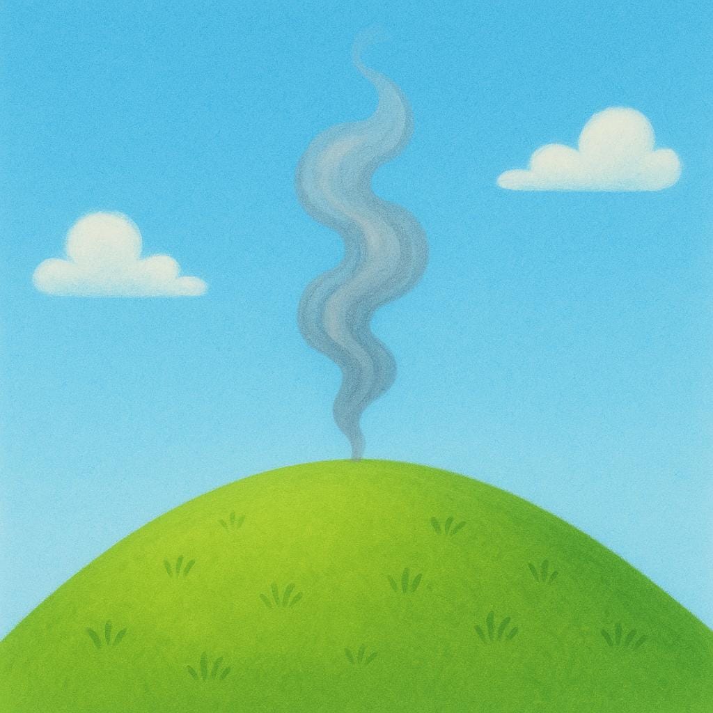 A small, wispy plume of gray smoke rising visibly from behind a green grassy hill under a bright blue sky, indicating fire.