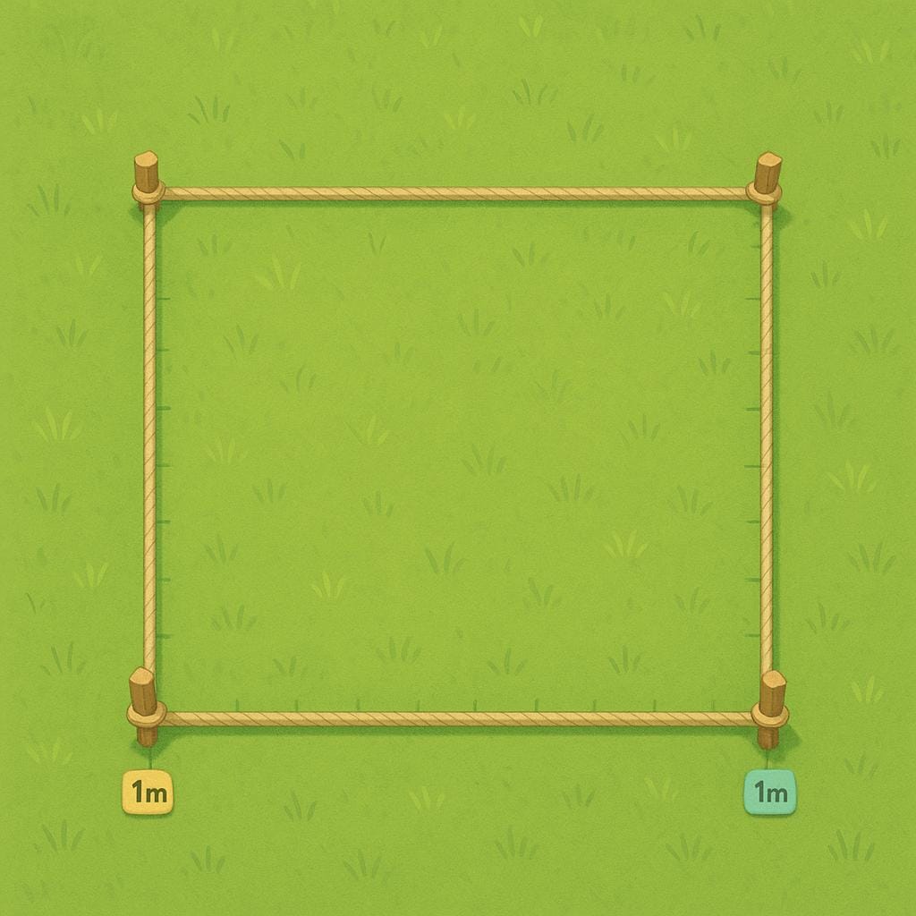 An aerial view illustration showing a rectangular green field clearly marked by corner stakes and a rope, defining its total measurable extent.
