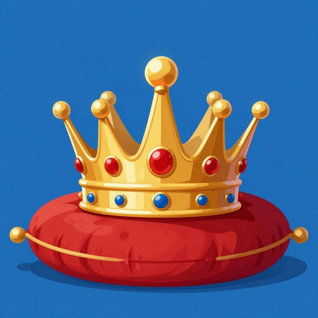 A single golden crown decorated with jewels sitting on a plush red velvet cushion.