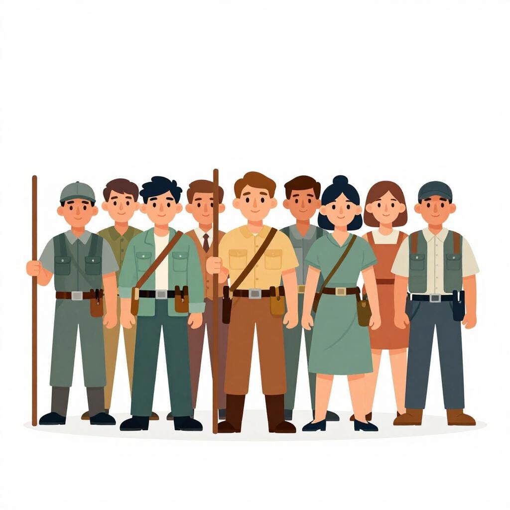 Um grupo de pessoas comuns vestindo roupas casuais e segurando ferramentas e equipamentos simples, em pé juntas em formação numa praça da vila.