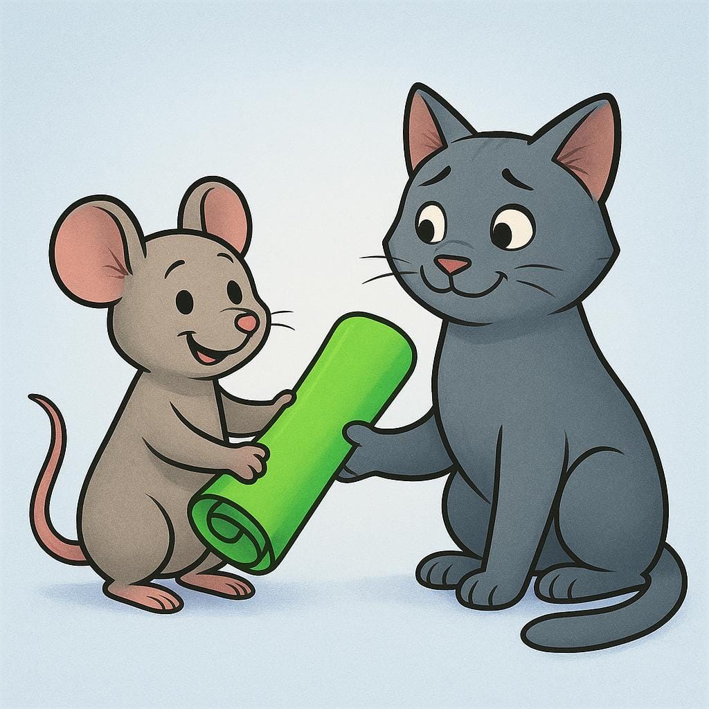 A cartoon cat receiving a bright green scroll from a mouse, symbolizing a delivered answer or reply.