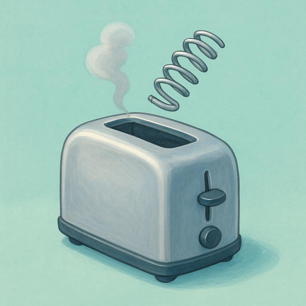 A colorful illustration of a small toaster with gray smoke rising from it and a broken spring.