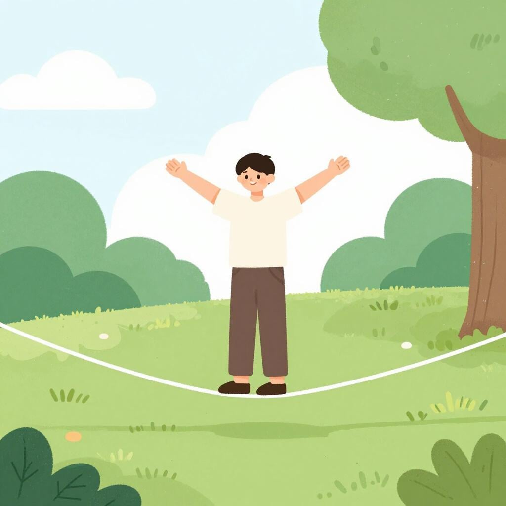 A person successfully balancing on a tightrope near the ground.