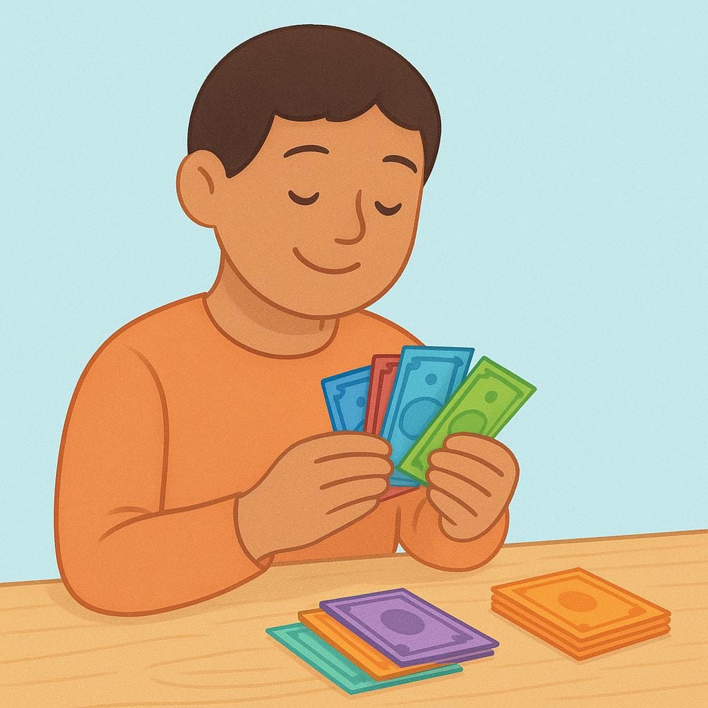 A person happily counting a stack of money bills on a desk.