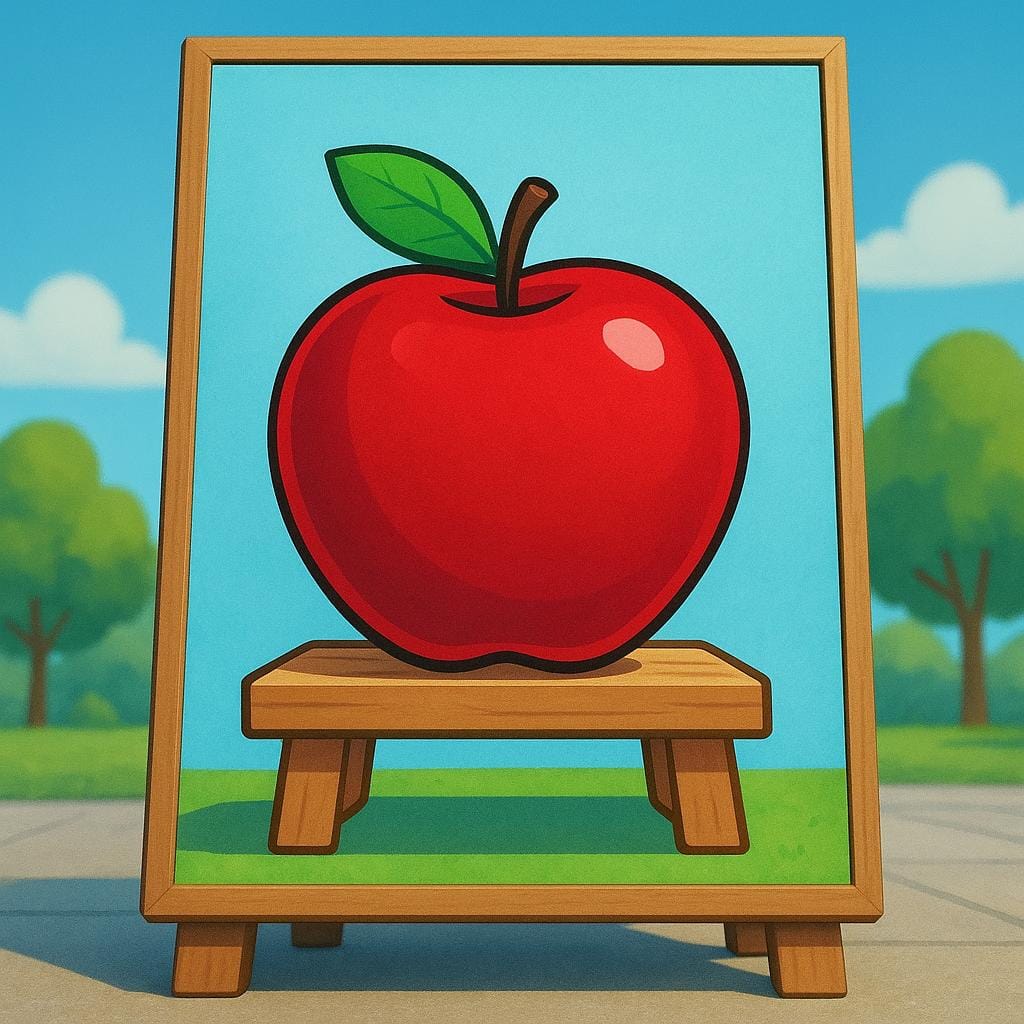 A large, colorful poster placed prominently outdoors, depicting a single, perfect red apple on a stand, designed to attract attention.