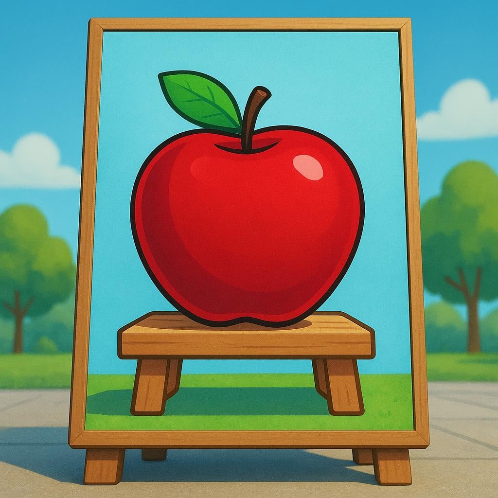 A large, colorful poster placed prominently outdoors, depicting a single, perfect red apple on a stand, designed to attract attention.