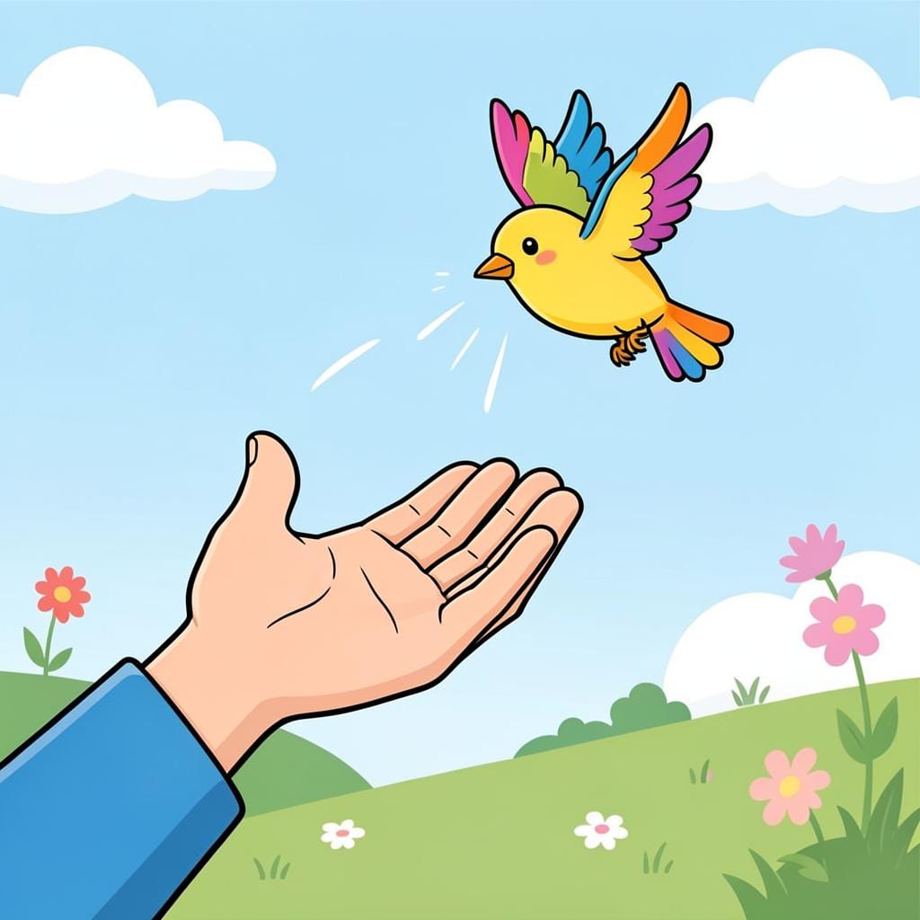 Una persona che apre delicatamente le mani per lasciare volare un piccolo uccello verso il cielo.