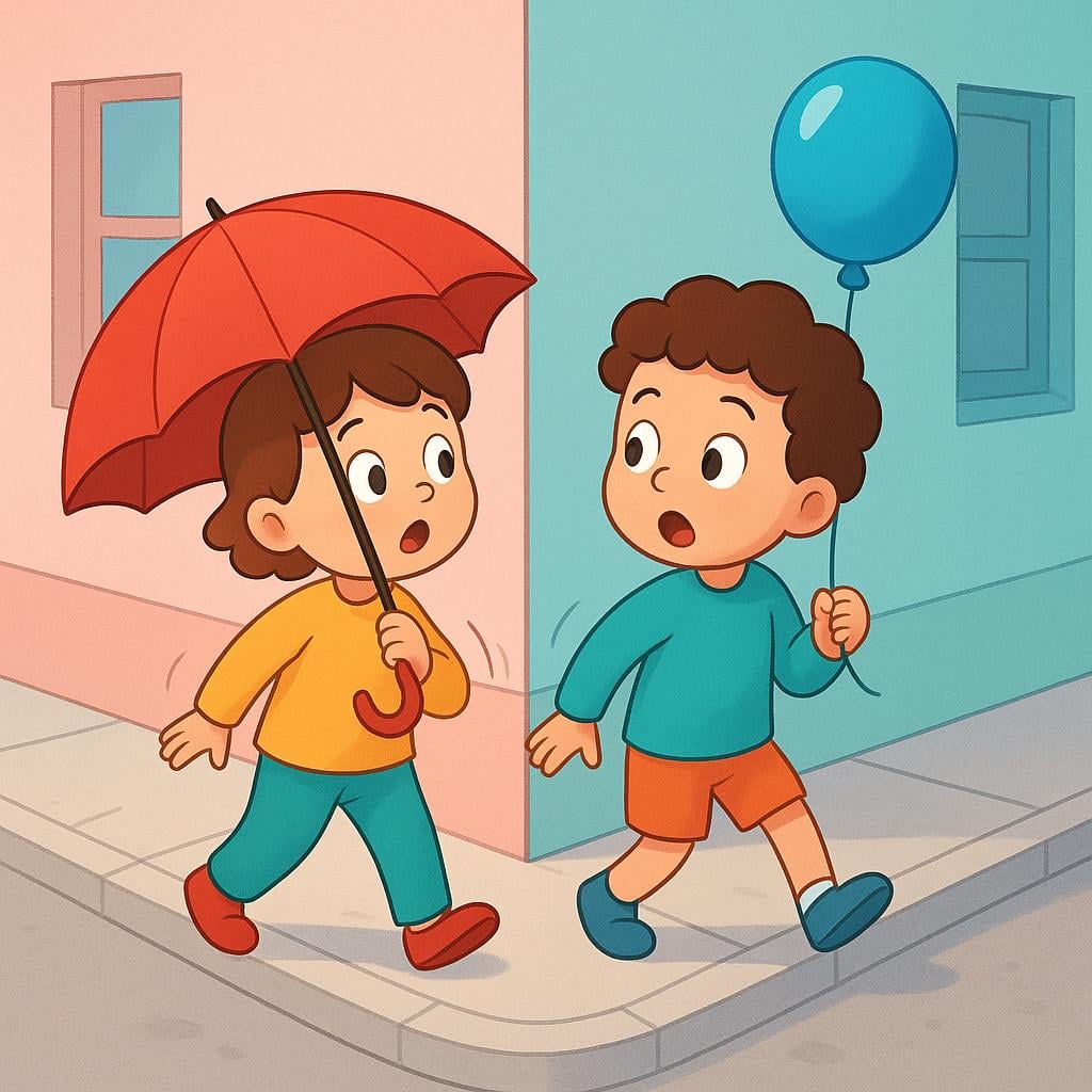 Two people, one holding a red umbrella and the other a blue balloon, unexpectedly bump into each other on a street corner, both showing surprised expressions.