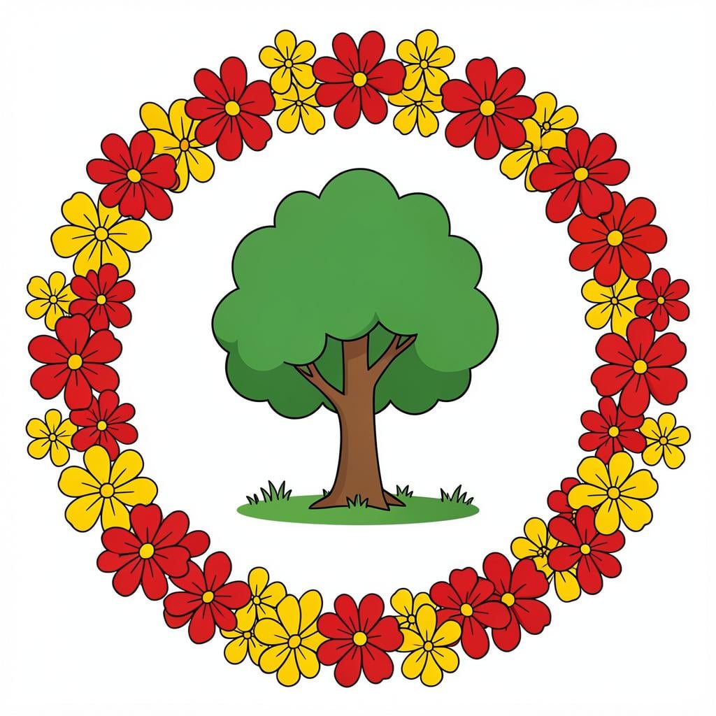 A row of colorful flowers forming a complete circle around a small green tree.