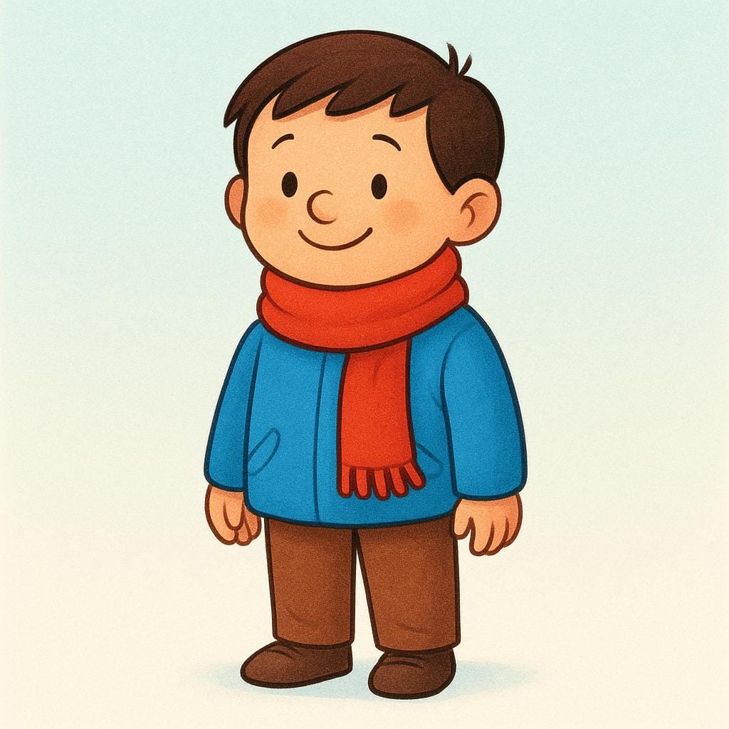 A person wearing a bright red scarf and a blue jacket.
