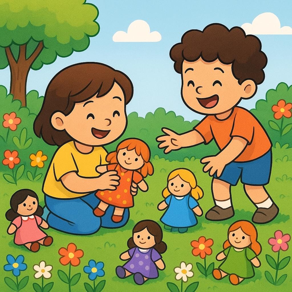 A storybook image of two children playing in a sunny garden, surrounded by a collection of several small, brightly dressed dolls.