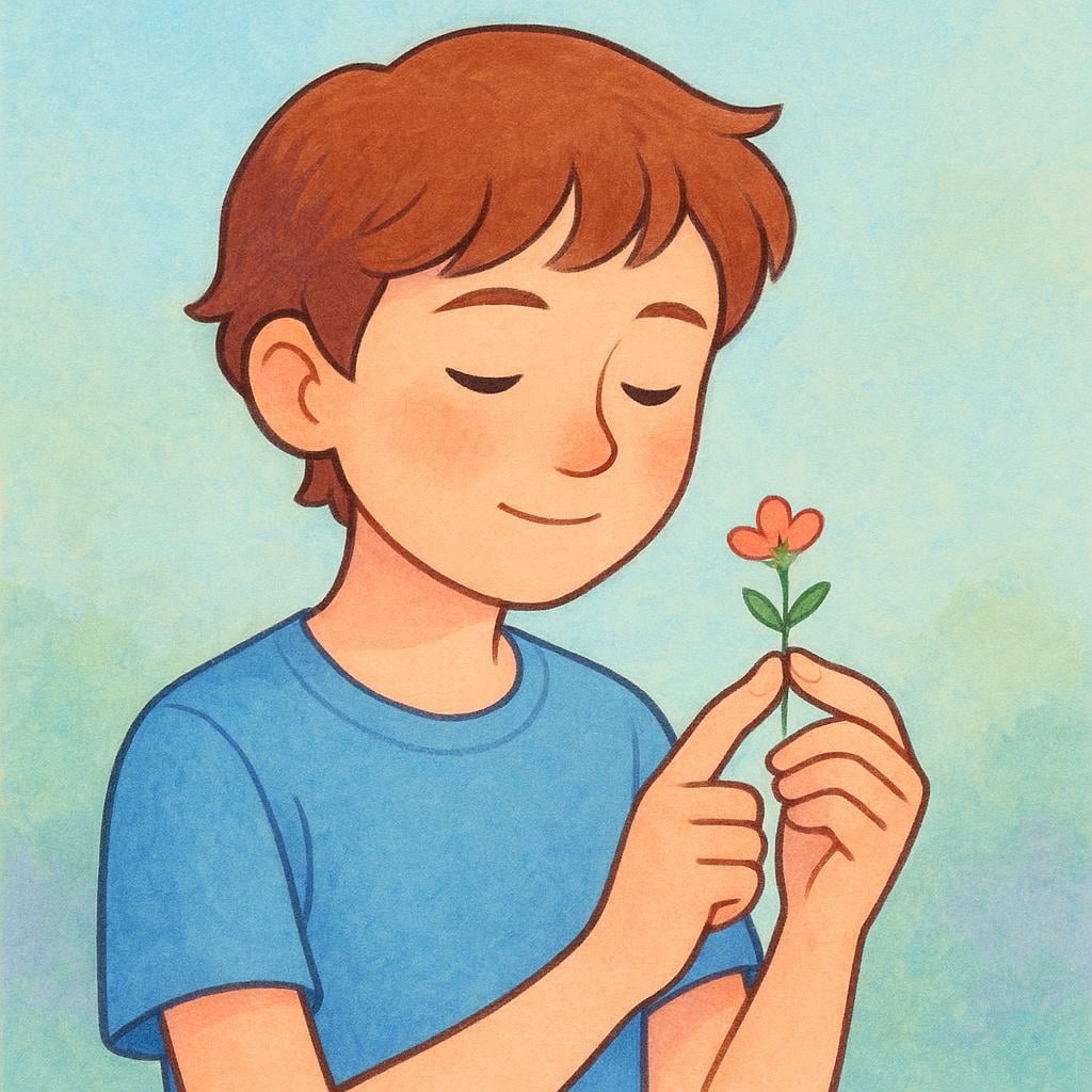 A person with a mild and gentle expression carefully holding a tiny blue flower between their fingers.