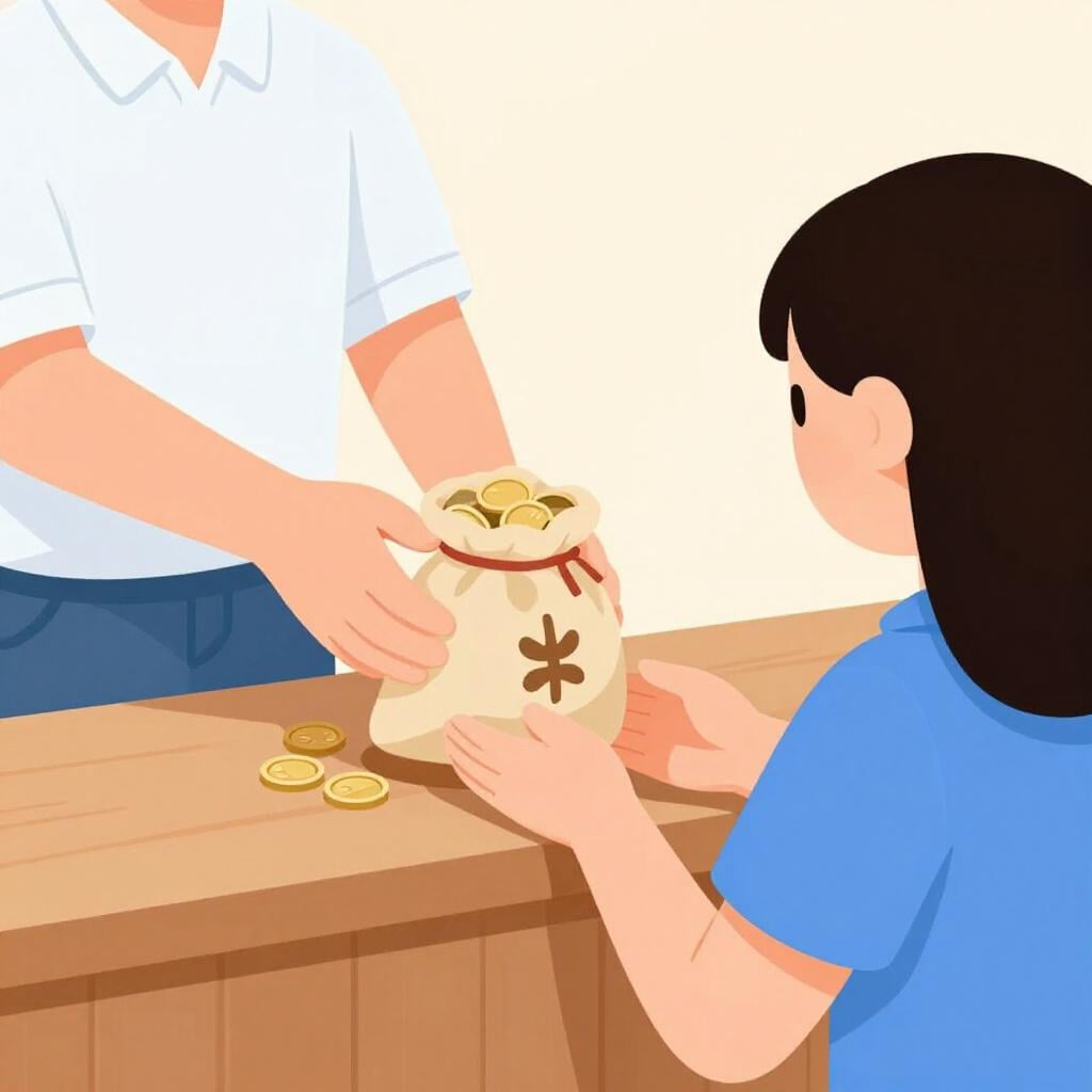 A colorful illustration of a person handing a final bag of gold coins to a banker who hands back a deed with a smile.