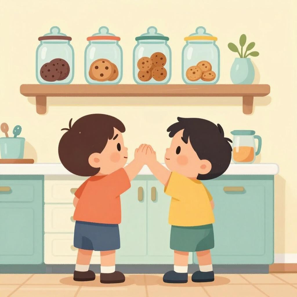 A child trying to reach a jar of cookies on a high shelf but his hand is just an inch too short.