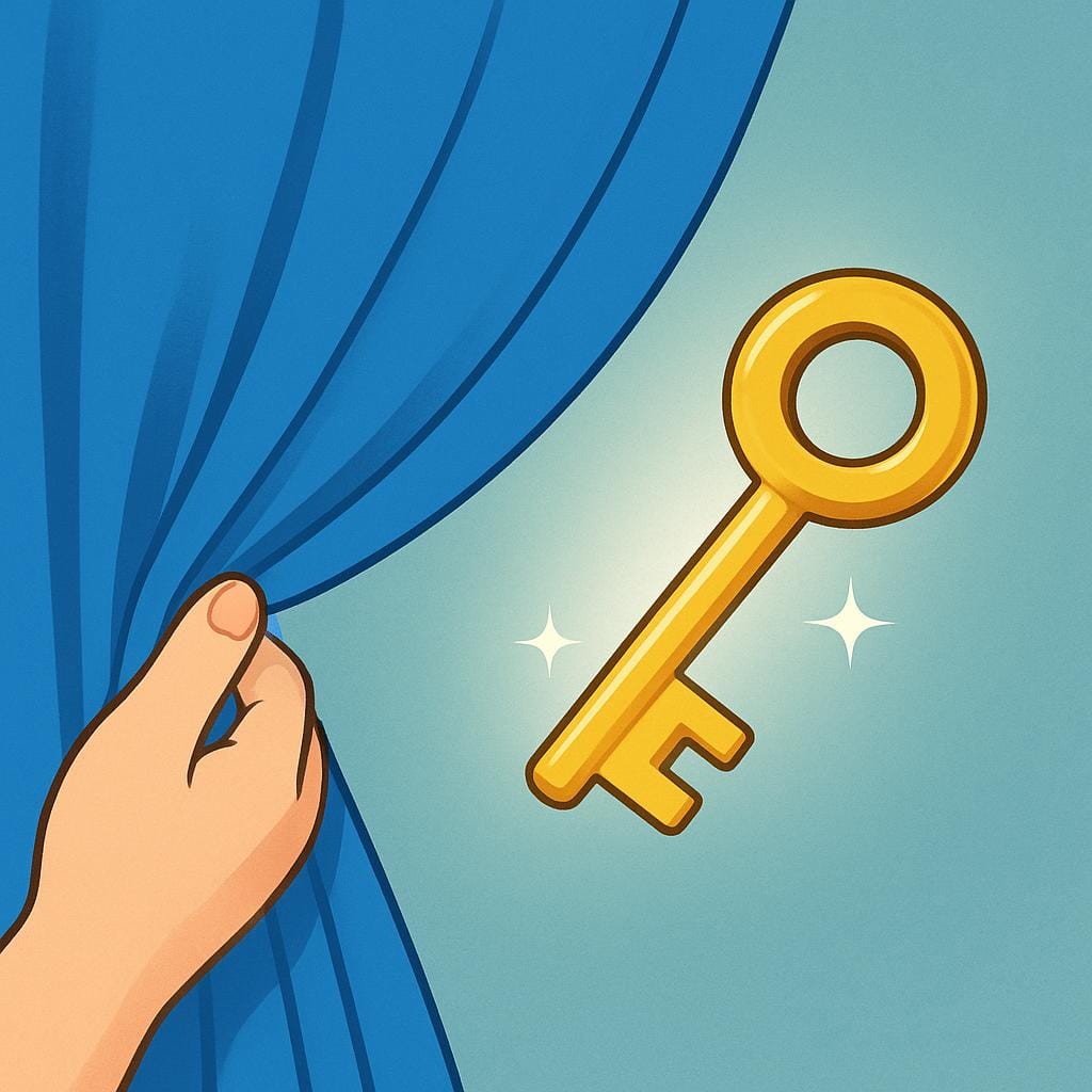 A blue curtain being pulled aside by a hand, revealing a large golden key previously hidden behind it.