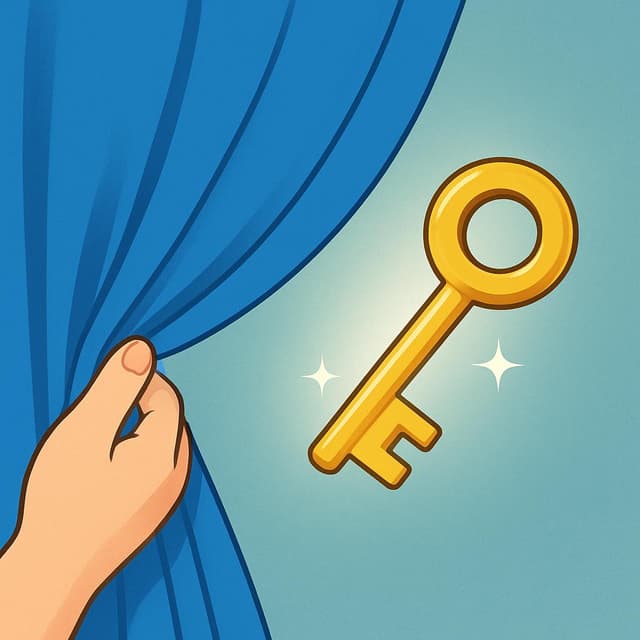 A blue curtain being pulled aside by a hand, revealing a large golden key previously hidden behind it.