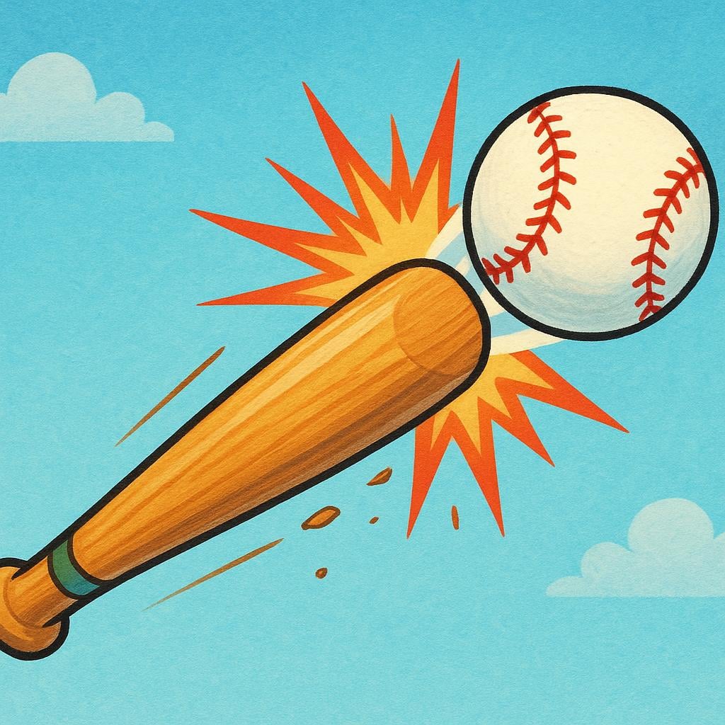 An illustration showing a baseball bat striking a baseball in mid-air, depicting impact.