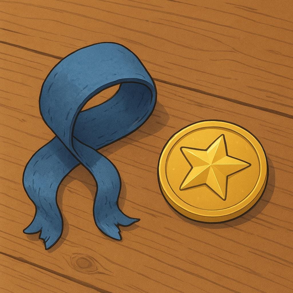 Un ruban bleu délavé et enroulé posé sur une table en bois à côté d'un badge en or neuf et brillant, symbolisant un statut antérieur.