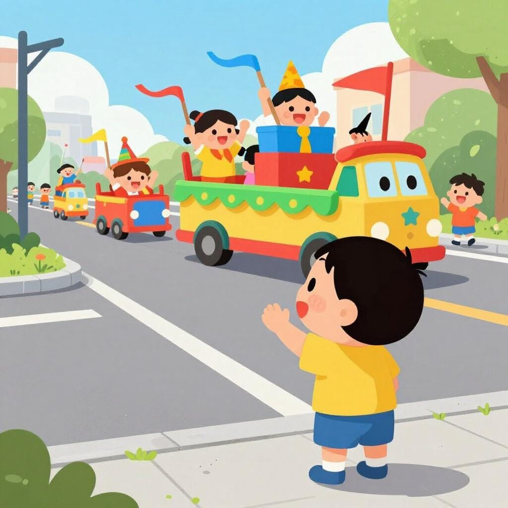 A child watching a beautiful colorful parade from a sidewalk.