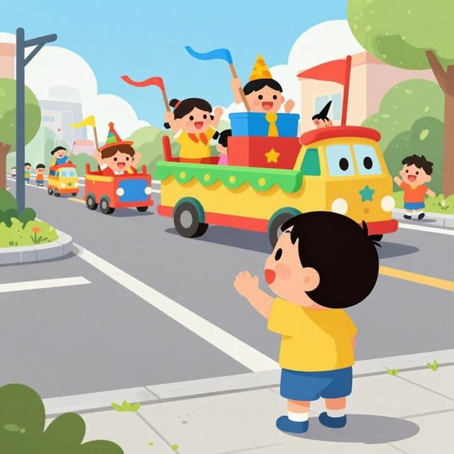 Ein Kind beobachtet von einem Bürgersteig aus eine wunderschöne bunte Parade.