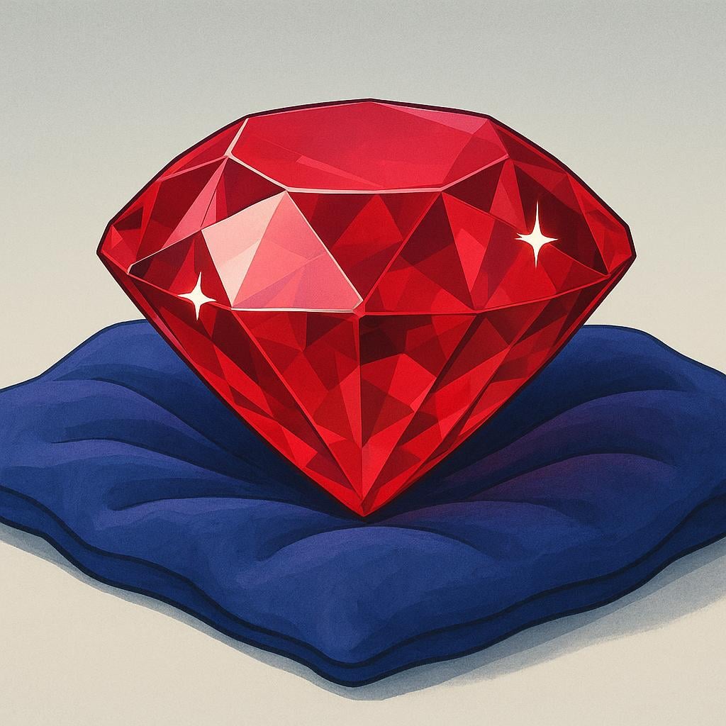 A massive, perfectly cut, sparkling red ruby gemstone resting on a soft purple velvet cloth.