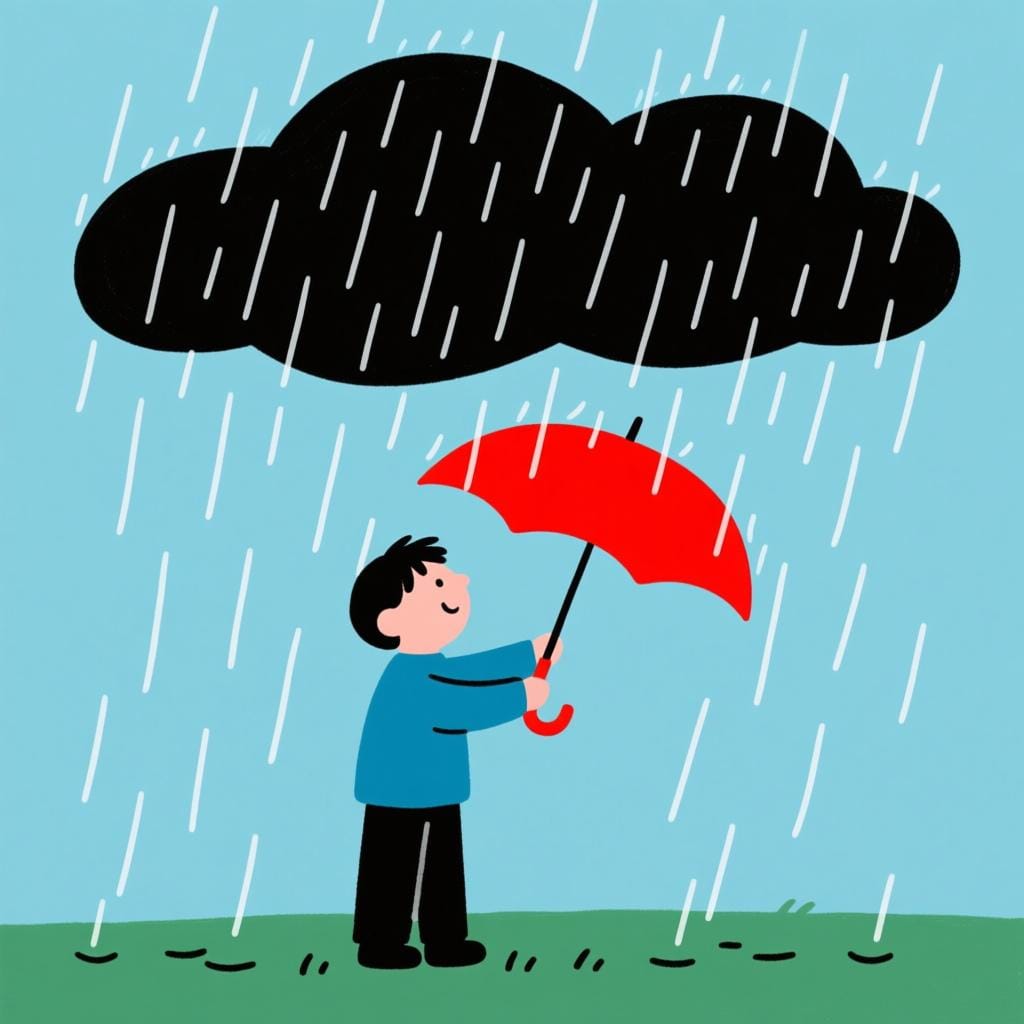 A simple drawing showing heavy rain falling from a dark cloud onto a person who is opening a red umbrella, illustrating cause and effect.
