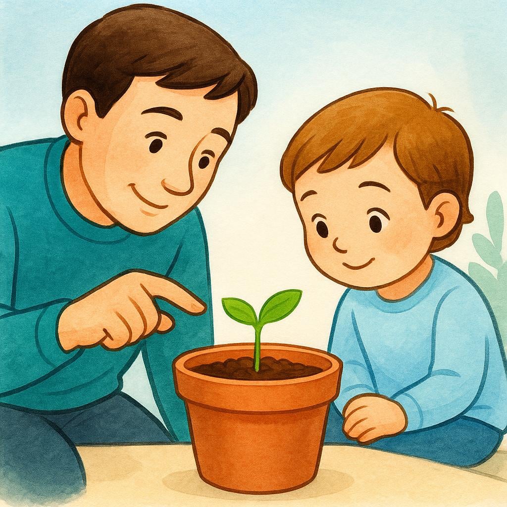 A brightly colored illustration showing a kind adult kneeling beside a young child, gently pointing at a small green seedling growing in a terracotta pot, symbolizing instruction.