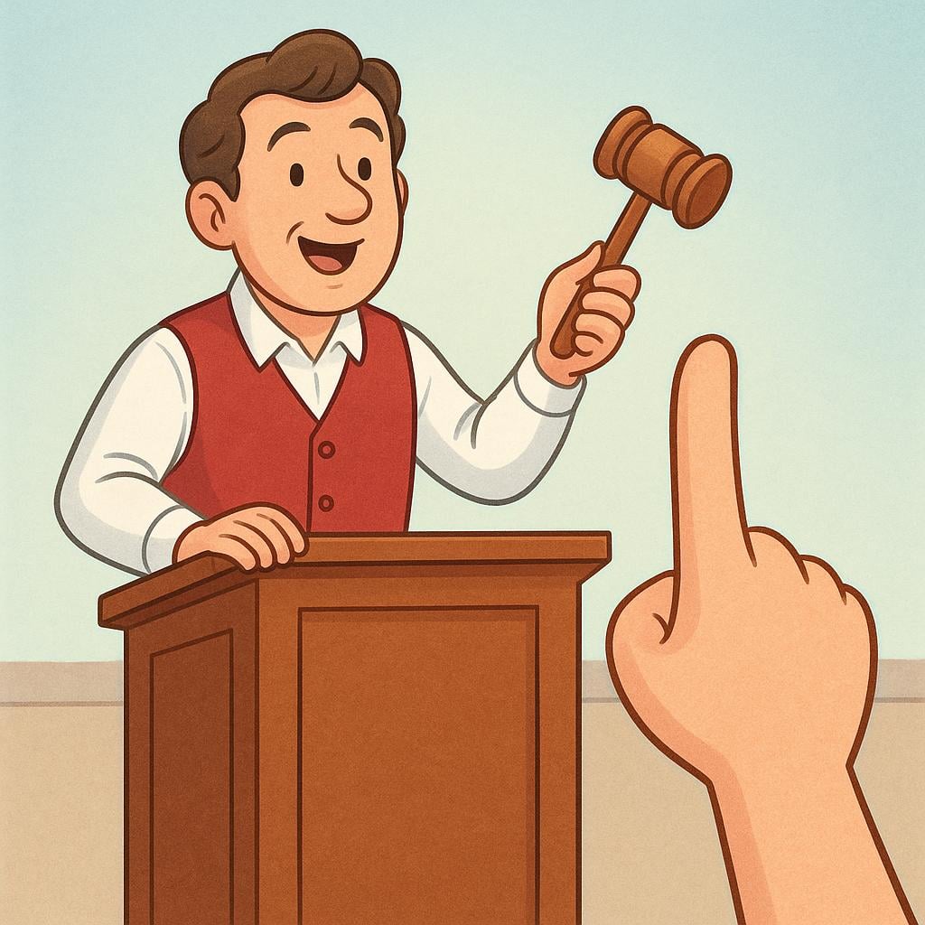 A simplified illustration of an auctioneer wearing a vest standing behind a wooden podium, holding a wooden gavel raised high, ready to strike. A single hand is raised in the foreground, indicating a bid.