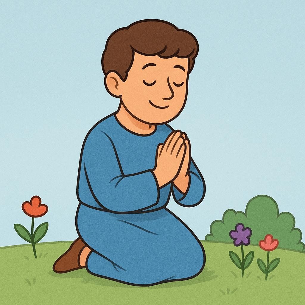 A kind-looking man with a simple blue tunic is kneeling with his hands pressed together in a gesture of prayer.