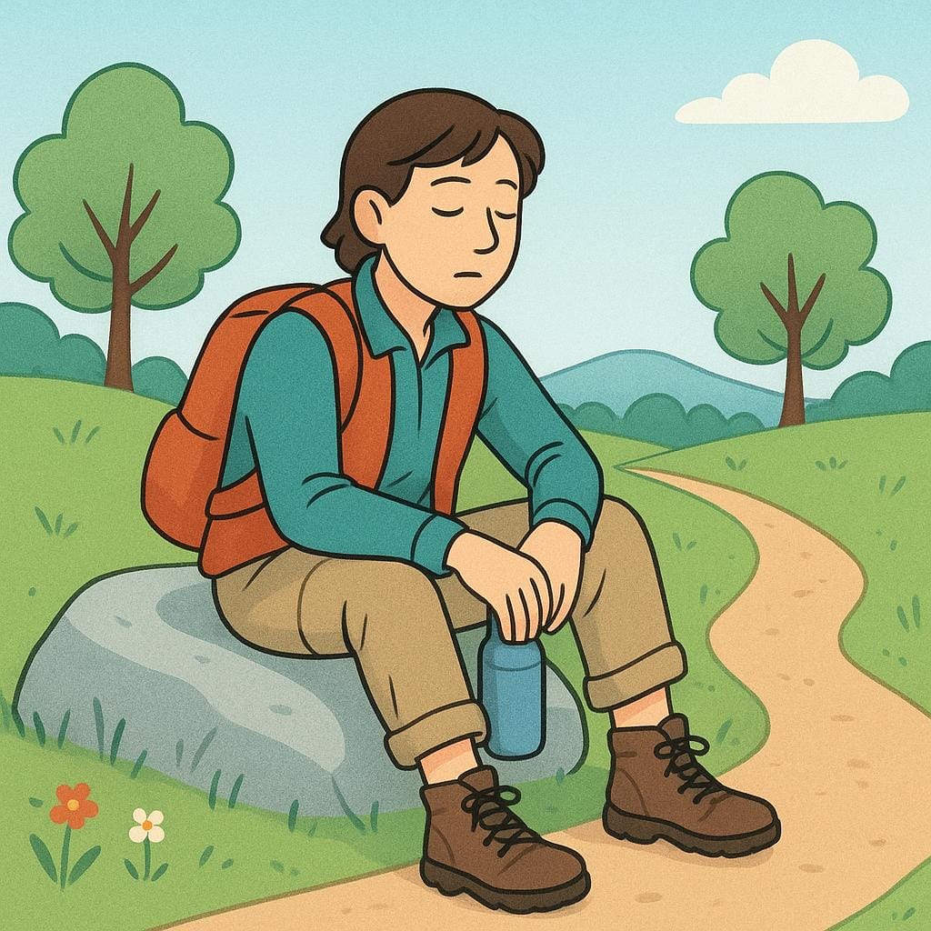 Une illustration d'un randonneur s'asseyant immédiatement sur une roche lisse à côté d'un sentier, prenant clairement une pause immédiate.