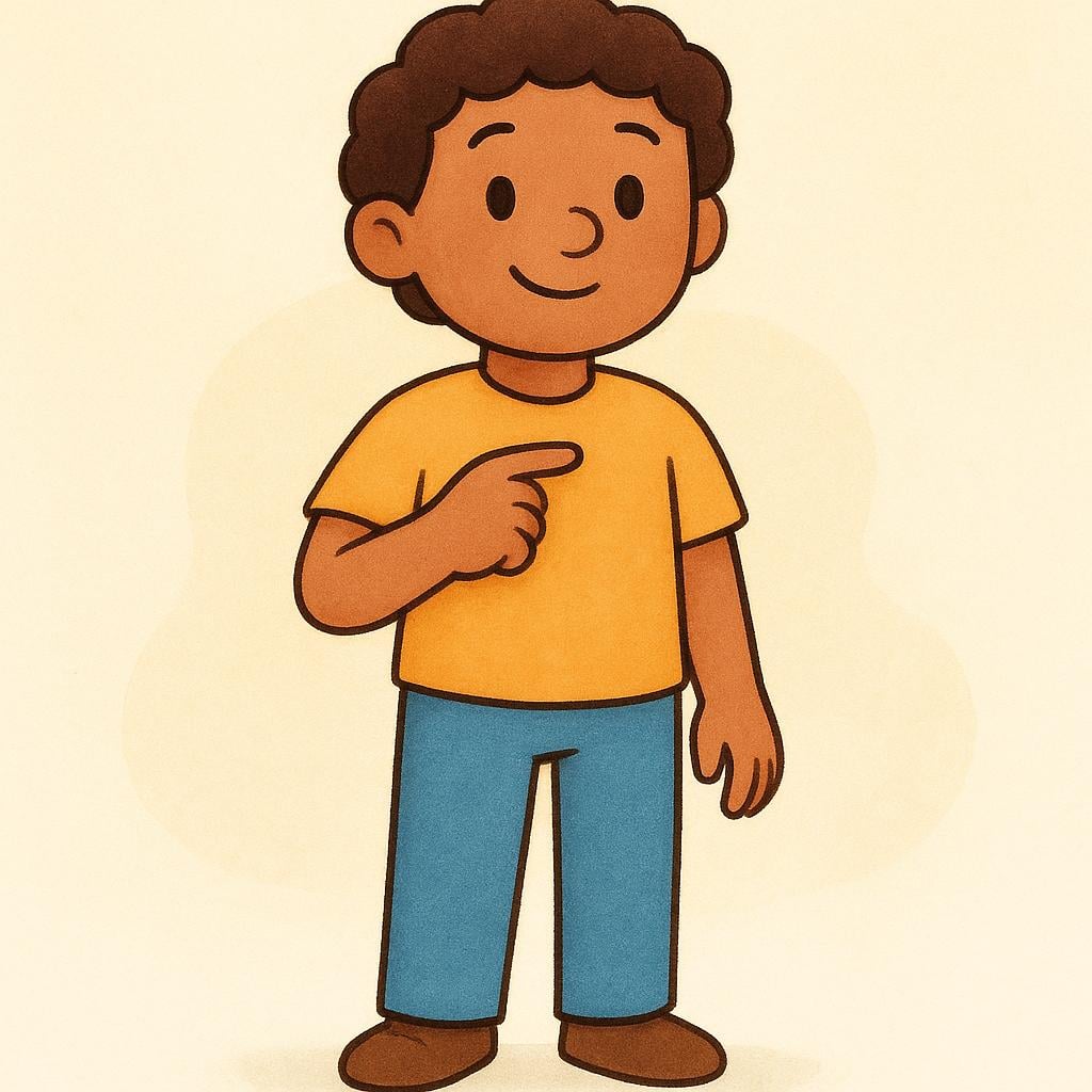 A friendly cartoon character standing and pointing directly at their own chest to indicate self-identity.