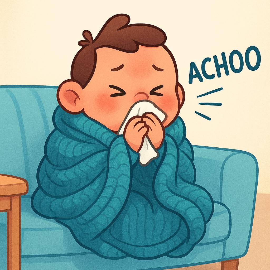 A cartoon character wrapped in a blanket sneezing into a tissue, showing signs of having contracted an illness.