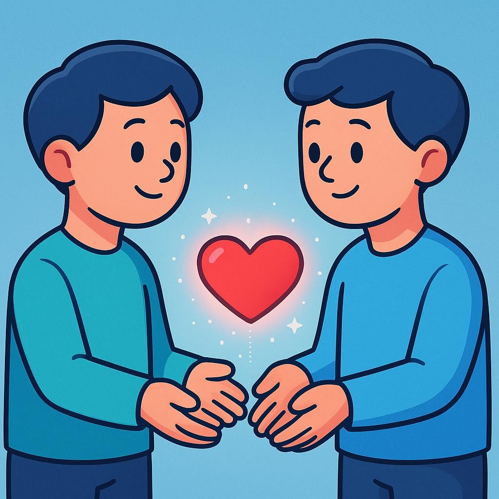 Two friendly, stylized cartoon figures stand apart but are connected by a glowing red heart floating between them against a simple blue background, symbolizing digital social connection and interaction.