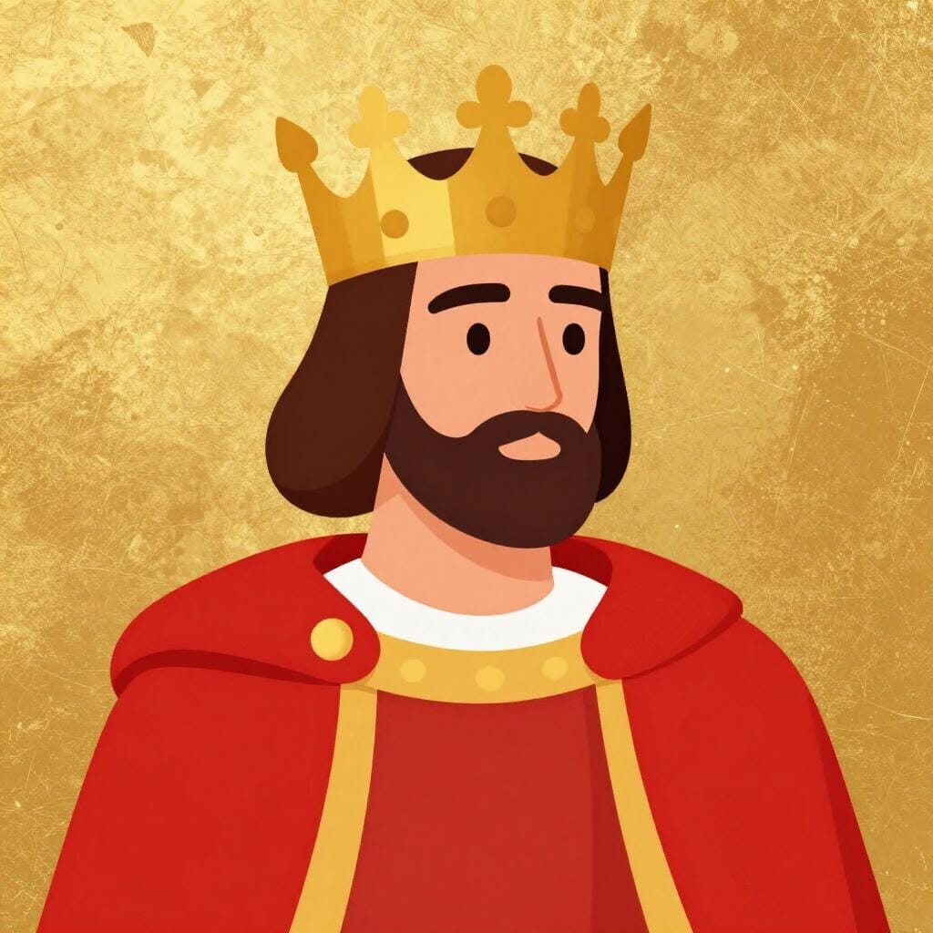 A simple portrait of a person wearing a gold crown and a heavy red robe in a flat, early medieval style.