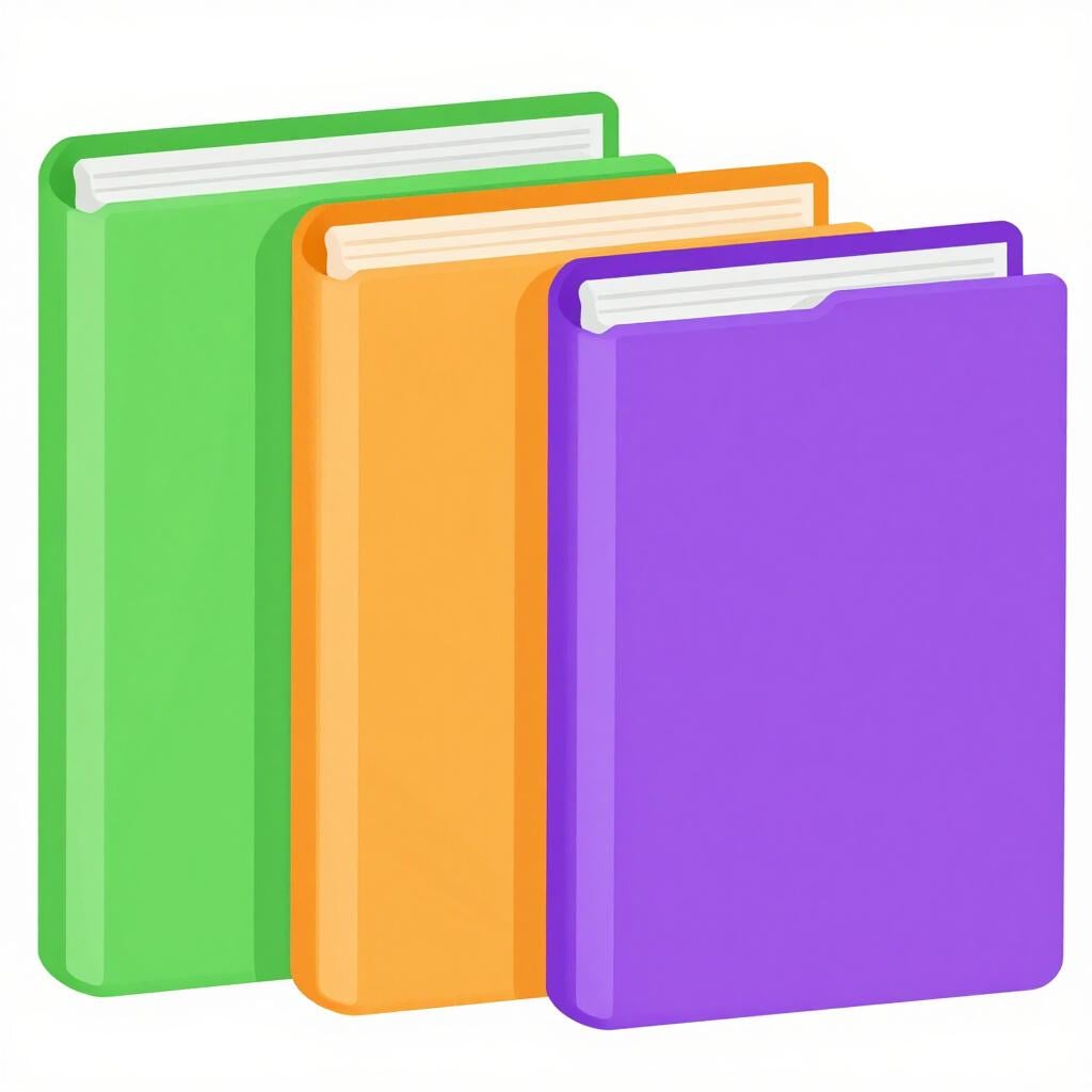 Ein Stapel von drei verschiedenen bunten Ordnern, die jeweils einen anderen Teil einer Serie darstellen.