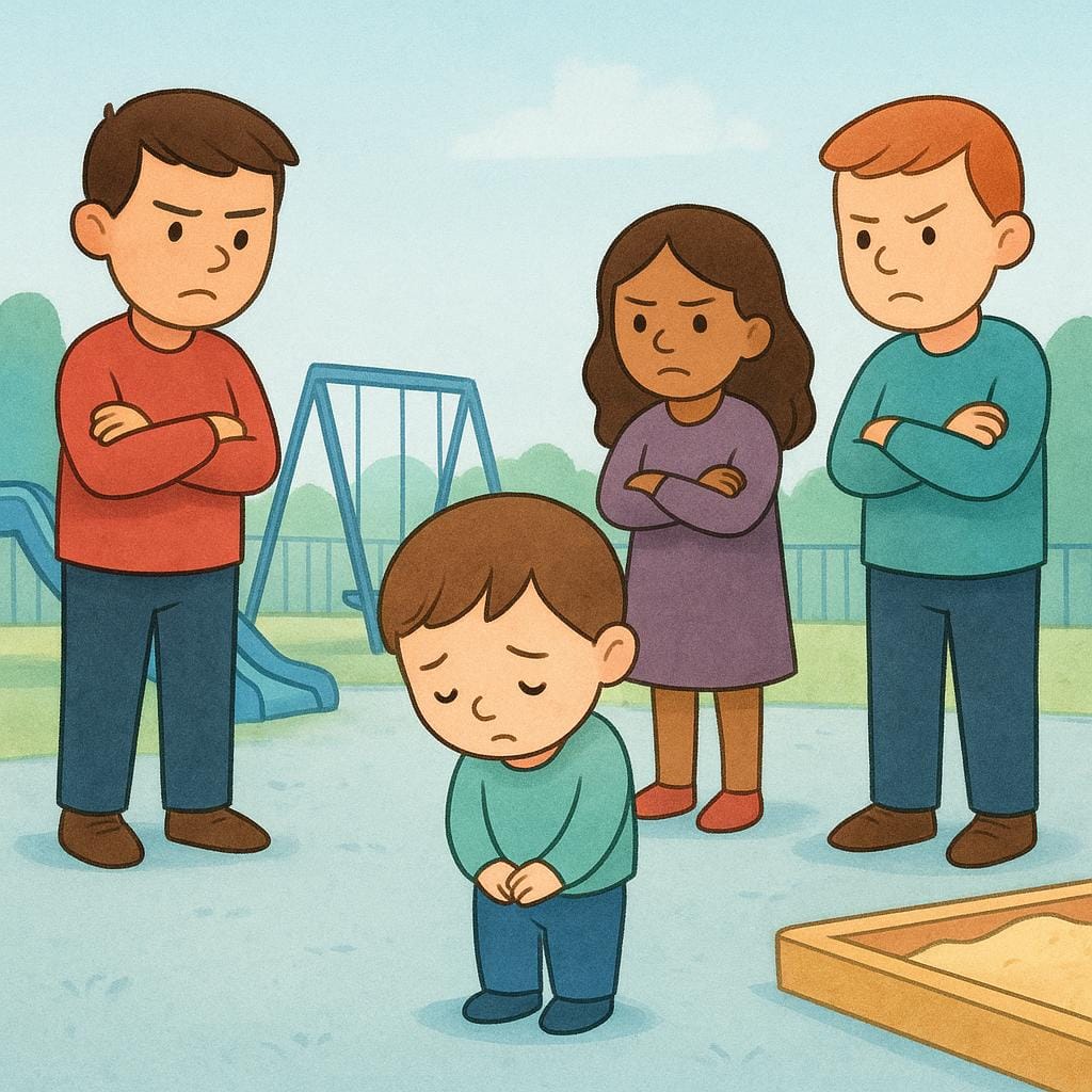 Een illustratie die een eenzaam, verslagen figuur toont in het midden van een lege speeltuin terwijl drie andere figuren in de buurt staan en oordelend kijken, wat vervolging of oneerlijke behandeling symboliseert.