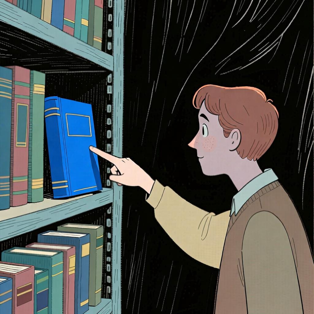 A person pointing to a specific blue book on a bookshelf that is a medium distance away.