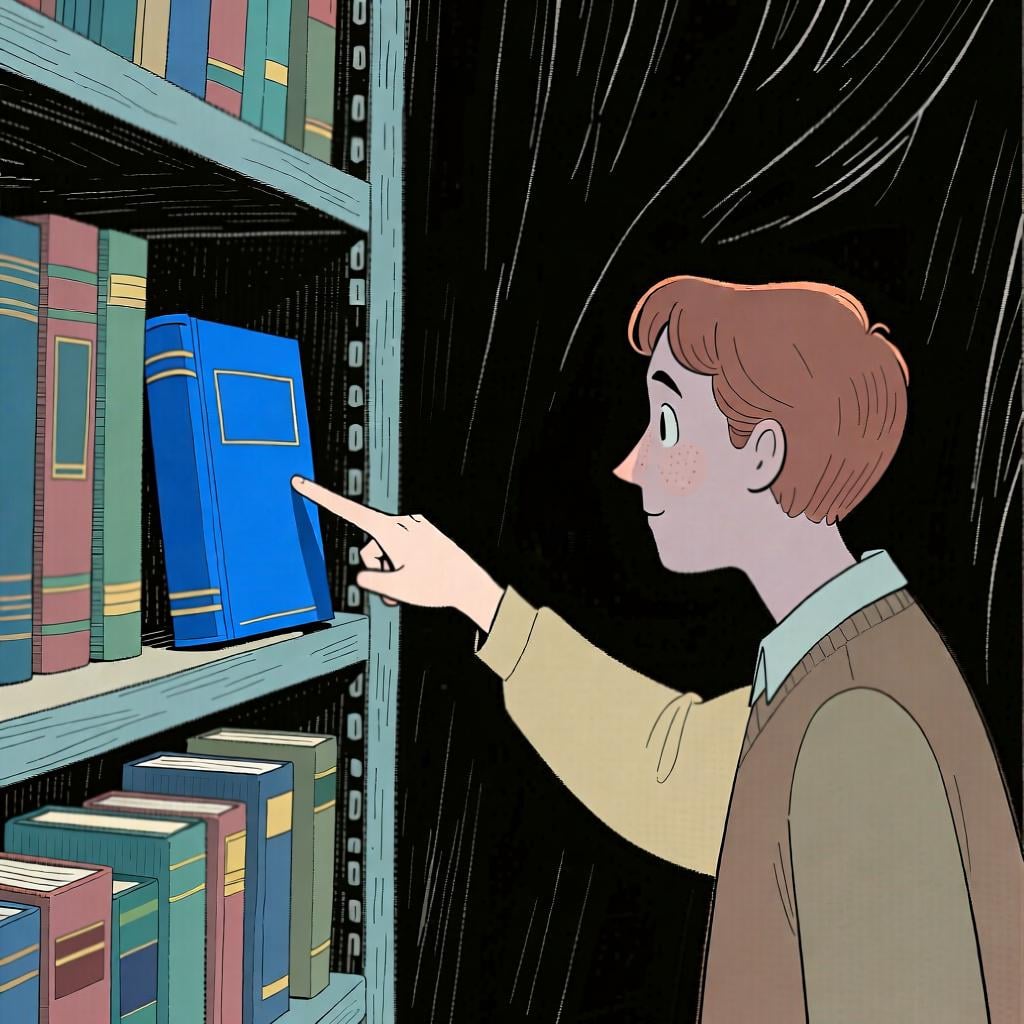 A person pointing to a specific blue book on a bookshelf that is a medium distance away.