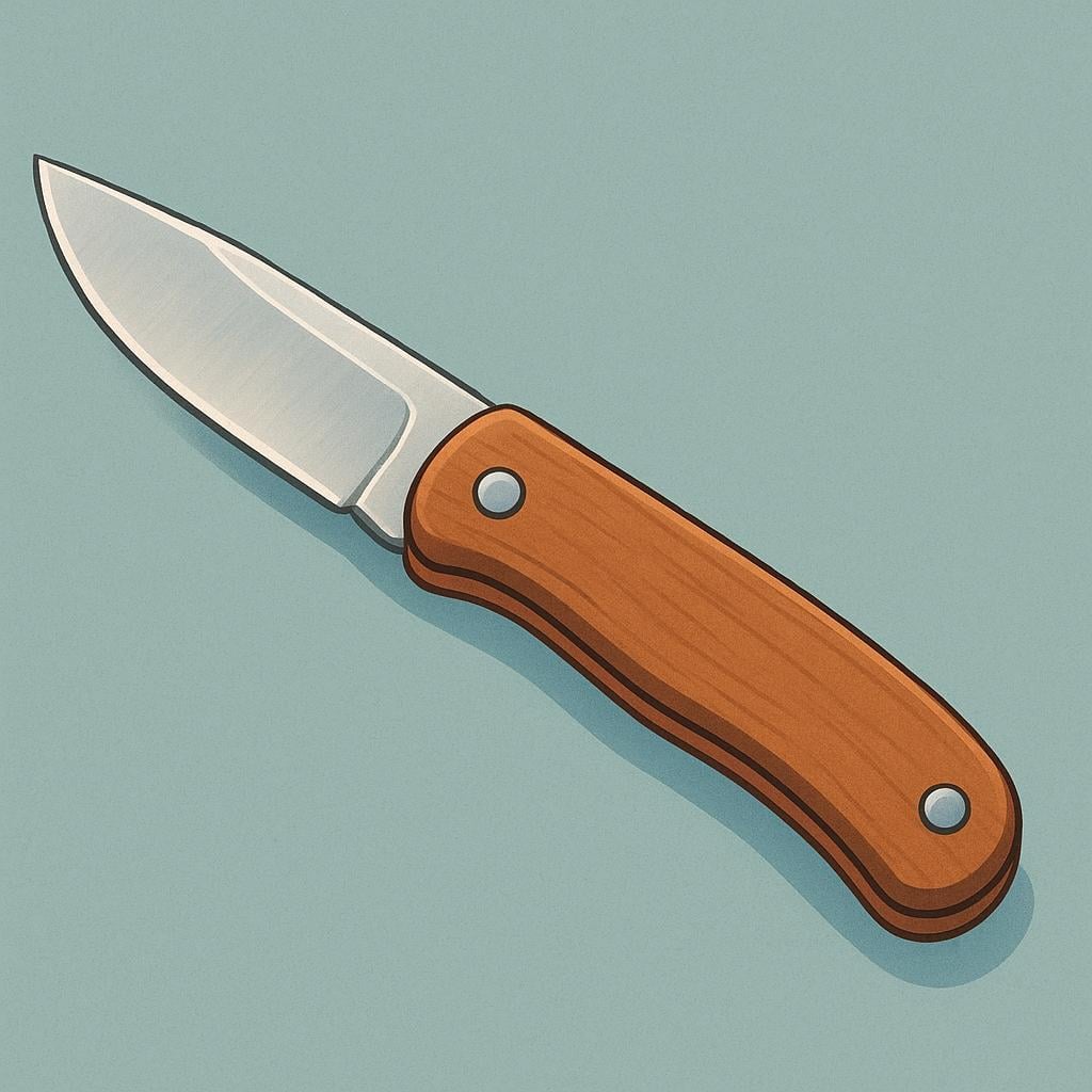 A small, open folding pocket knife with a silver blade and a wooden handle.