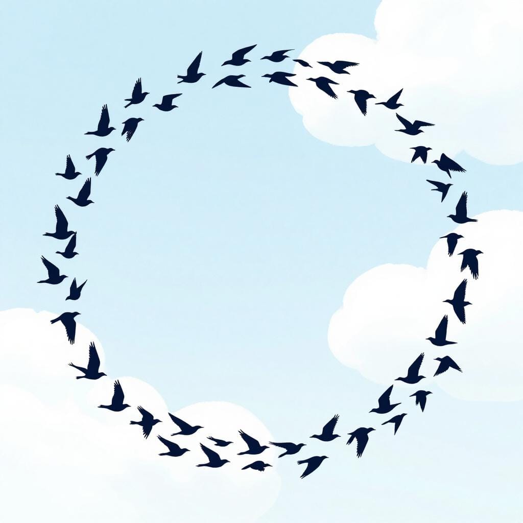 A group of colorful birds flying upwards in a wide circular formation that gets larger.