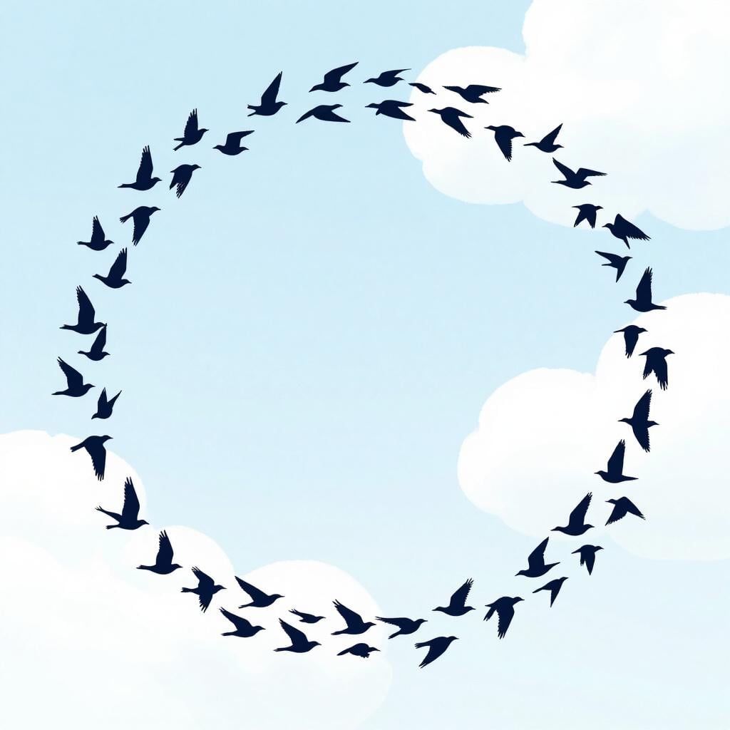 A group of colorful birds flying upwards in a wide circular formation that gets larger.