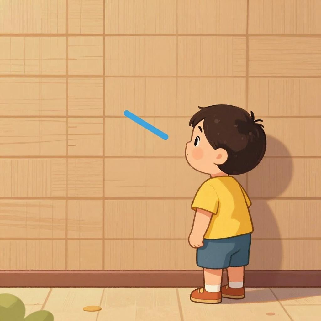 壁の身長計の隣に立っている小さな子供。ずっと小さかった頃のもの。