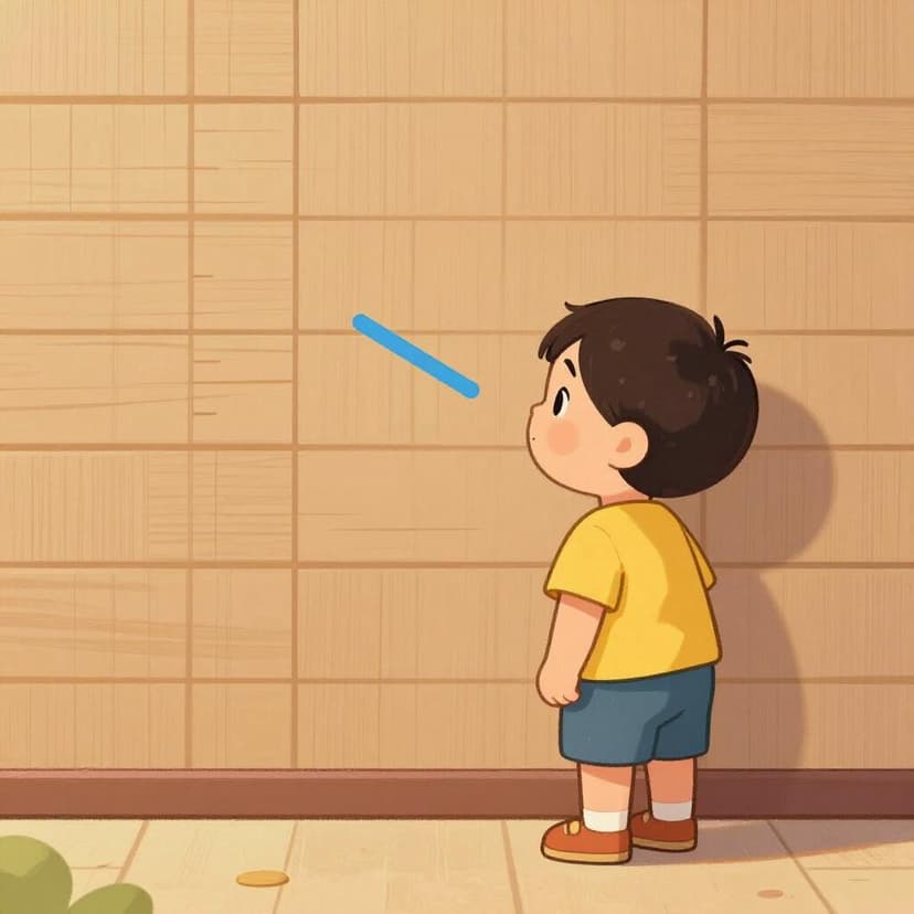 A small child standing next to a height mark on a wall from when they were much shorter.