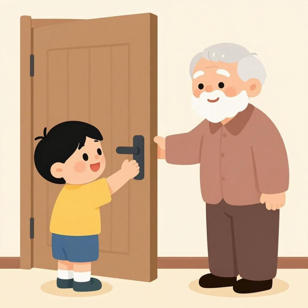 A child holding a door open for an elderly person with a smile.